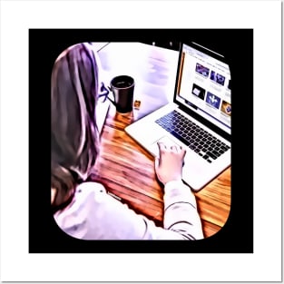 Woman working white coat and laptop make money Posters and Art